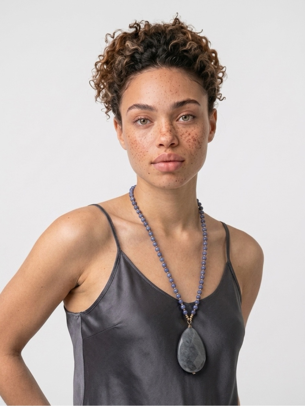 NATURAL STONE FACETED AND WOOD BEADED NECKLACE